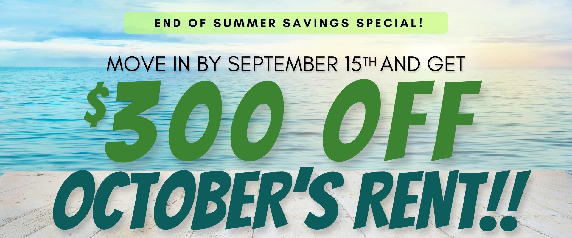 End of Summer Savings Special!.. Move in by September 15th and get $300 off October’s Rent!!